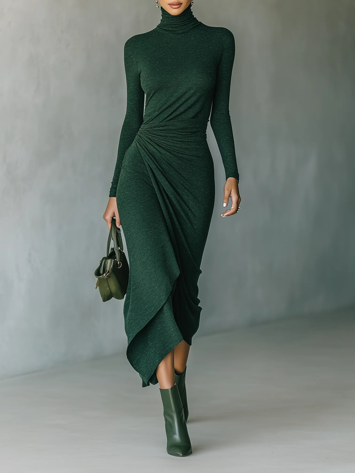Lenora · Asymmetrisches Midi-Wickelkleid mit Falten und hohem Kragen in Dunkelgrün
